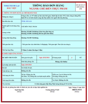 ĐƠN HÀNG XUẤT KHẨU LAO ĐỘNG NHẬT BẢN ĐẶC ĐỊNH CHẾ BIẾN THỰC PHẨM TỈNH MIYAGI