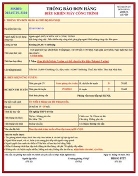 ĐƠN HÀNG XUẤT KHẨU LAO ĐỘNG NHẬT BẢN VẬN HÀNH MÁY CÔNH TRÌNH