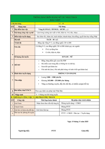 ĐƠN HÀNG VISA KỸ SƯ  NHẬT BẢN