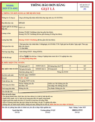 DƠN HÀNG XUẤT KHẨU LAO ĐỘNG GIẶT LÀ TẠI TỈNH MIYAGI