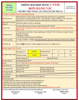 ĐƠN HÀNG XUẤT KHẨU LAO ĐỘNG  NHẬT BẢN CHẾ BIẾN THỰC PHẨM-GIA CÔNG SƠ CHẾ THỊT GÀ