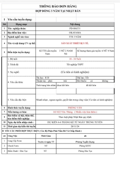 ĐƠN HÀNG XUẤT KHẨU LAO ĐỘNG NHẬT BẢN SẢN XUẤT THIẾT BỊ Y TẾ (TUYỂN 3 NỮ + 2 NAM)